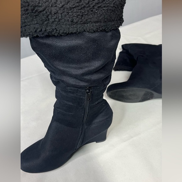 Black Suede Wedge Heeled Boot Lined with Sherpa - Picture 2 of 7